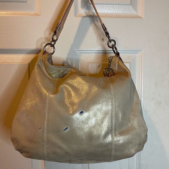 Coach Poppy soft leather gold sparkle satchel buttery pink trims. - Picture 4 of 13